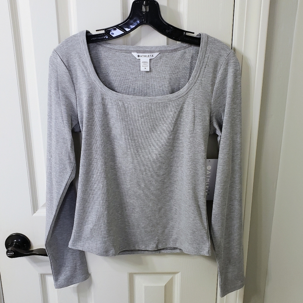 Athleta NWT Gray Heather Signature Rib Square Neck Top Medium
